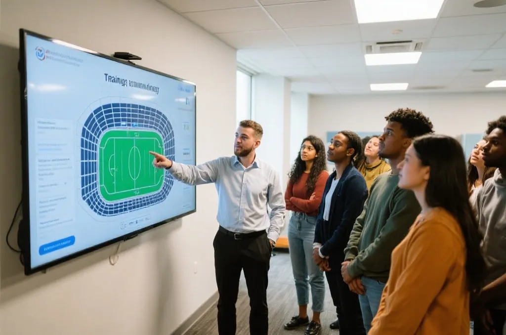 A training coordinator pointing to a digital display showing a generic stadium seating map, with a group of diverse young adults listening attentively, bright interior lighting